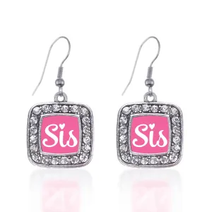Silver Sis Pink Script Square Charm Dangle Earrings