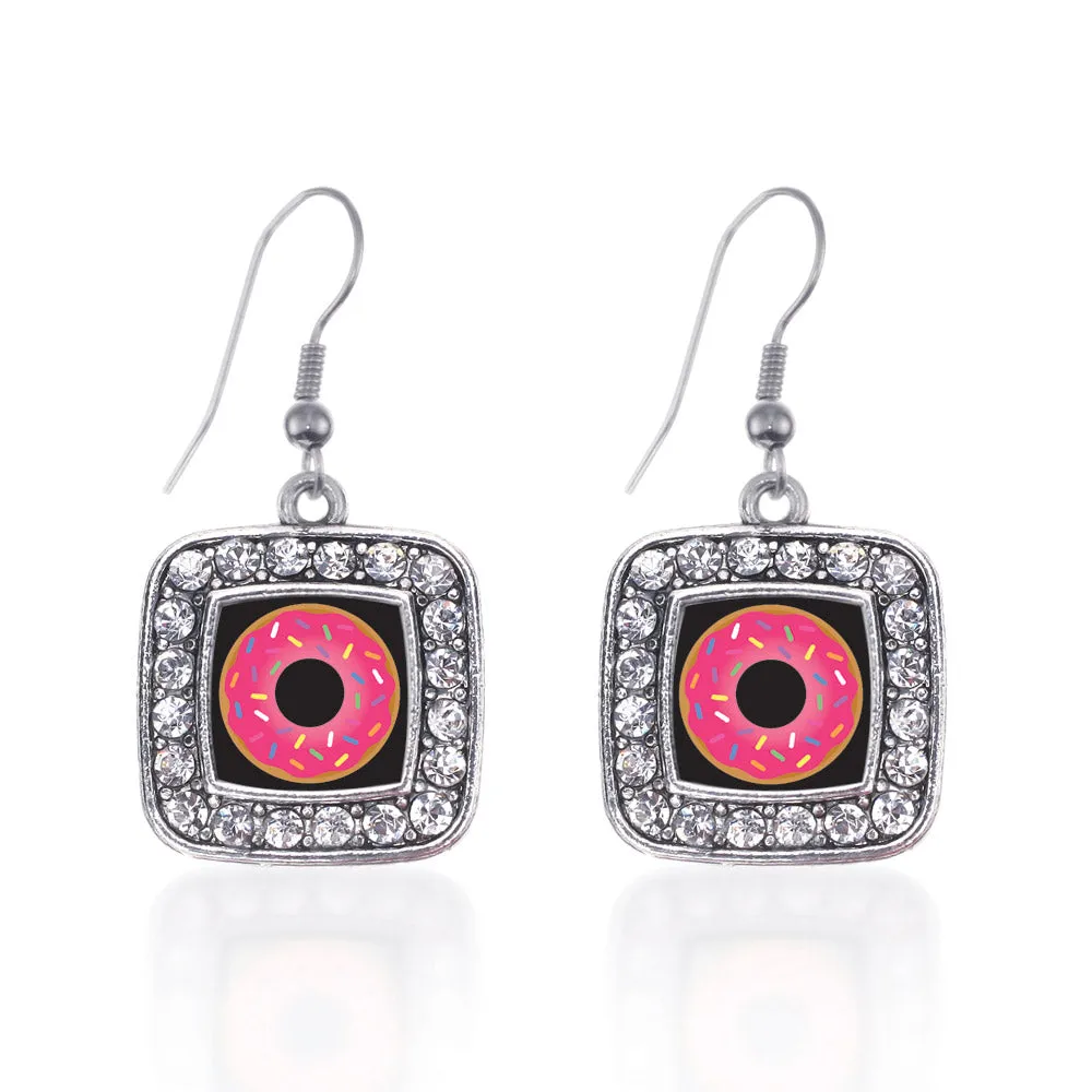 Silver Sprinkled Donut Square Charm Dangle Earrings