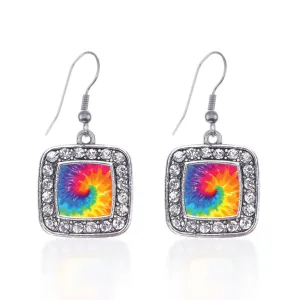 Silver Tie Dye Square Charm Dangle Earrings