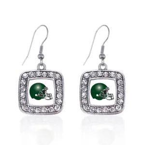 Silver White and Green Team Helmet Square Charm Dangle Earrings