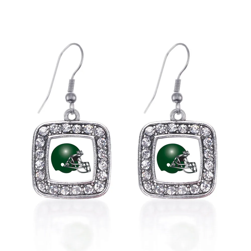 Silver White and Green Team Helmet Square Charm Dangle Earrings