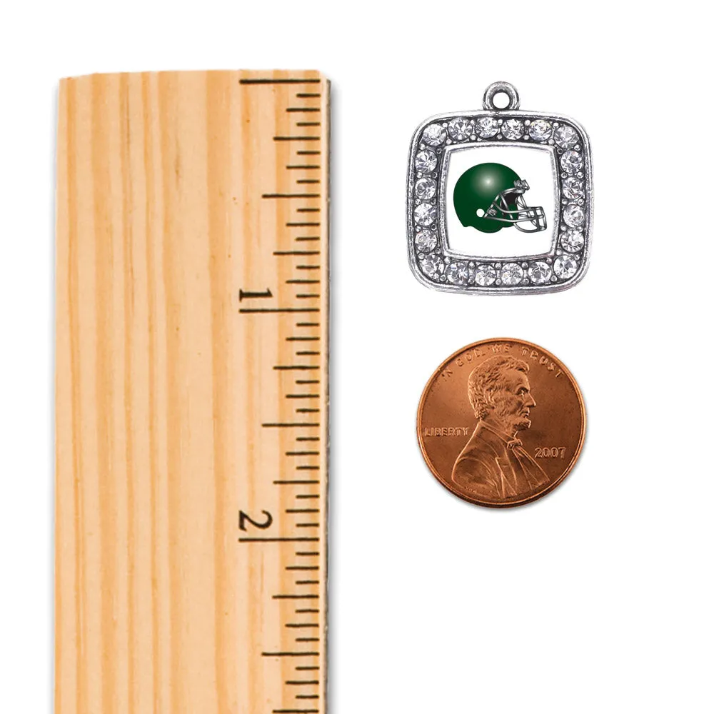 Silver White and Green Team Helmet Square Charm Dangle Earrings