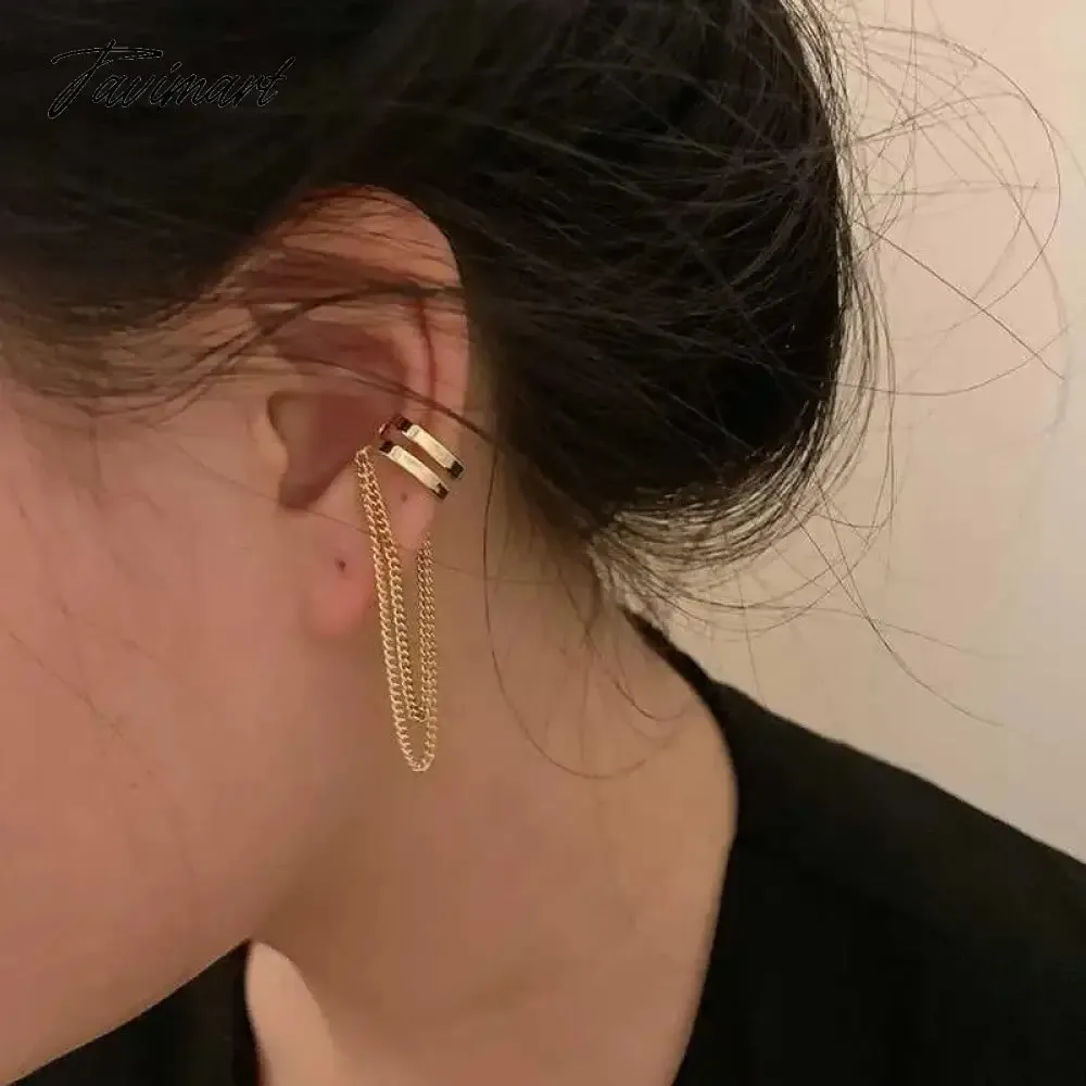 Tavimart Sparkling Zircon Long Tassel Chain Ear Clip for Women Trendy Simple No Piercing Fake Cartilage Ear Cuff Party Jewelry Gifts