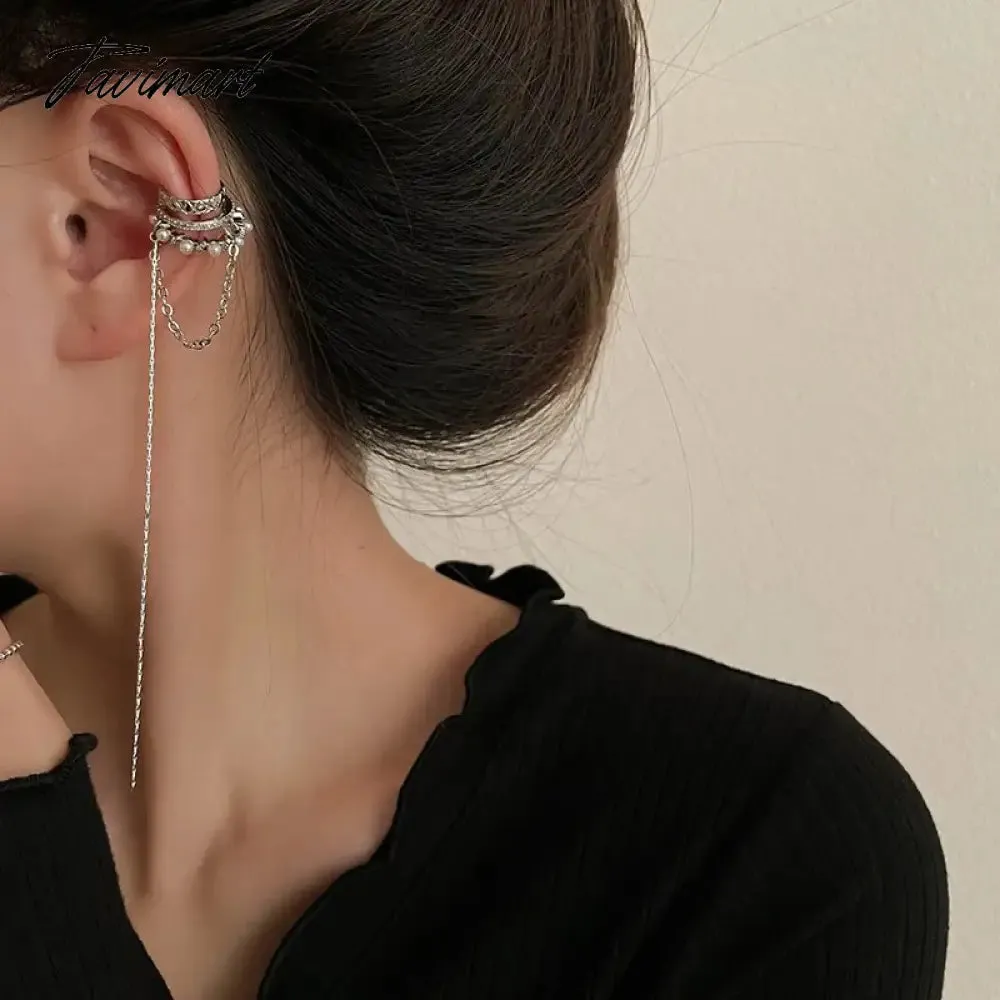 Tavimart Sparkling Zircon Long Tassel Chain Ear Clip for Women Trendy Simple No Piercing Fake Cartilage Ear Cuff Party Jewelry Gifts