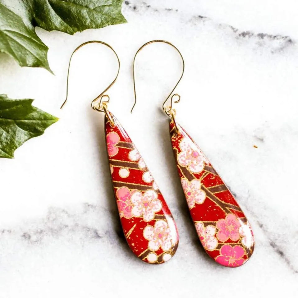 Teardrop Red Cherry Blossom Earrings