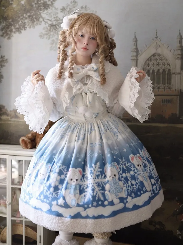 Teddy and Snowflake Blue Sweet Winter Lolita Jumper Skirt Full Set