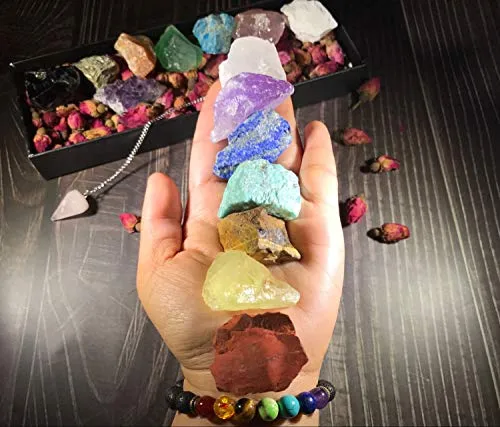 Tesh Care Chakra Therapy Starter Collection 17 pcs Healing Crystals kit, 7 Raw Chakra Stones,7 Colorful Gemstones, Amethyst,Rose Quartz Pendulum,Chakra Lava Bracelet,Dry Roses,Guide,COA,Gift Ready