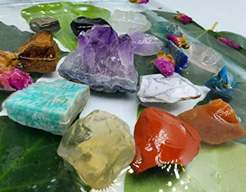 Tesh Care Chakra Therapy Starter Collection 17 pcs Healing Crystals kit, 7 Raw Chakra Stones,7 Colorful Gemstones, Amethyst,Rose Quartz Pendulum,Chakra Lava Bracelet,Dry Roses,Guide,COA,Gift Ready