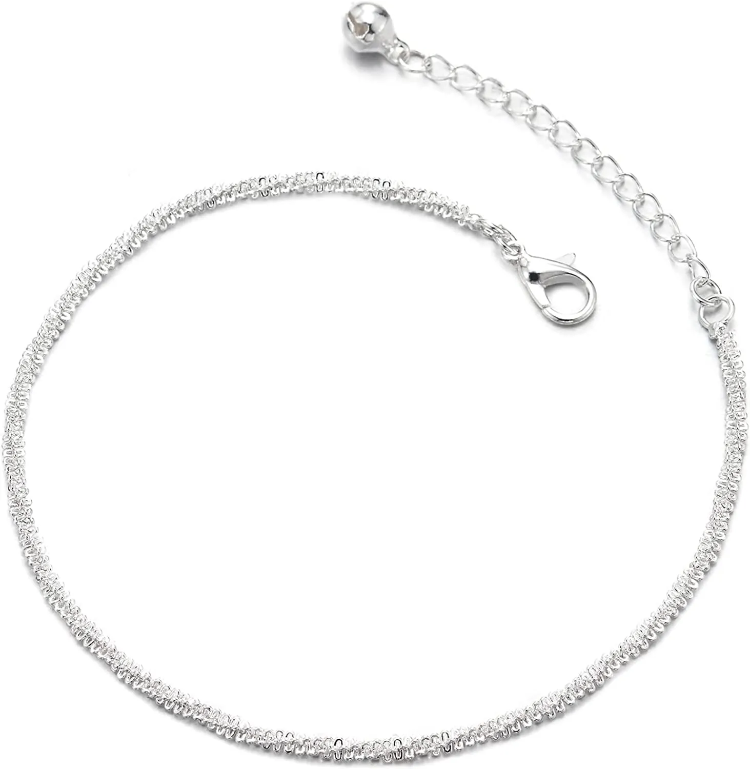 Thin Braided Textured Link Chain Anklet Bracelet with Jingle Bell, Adjustable