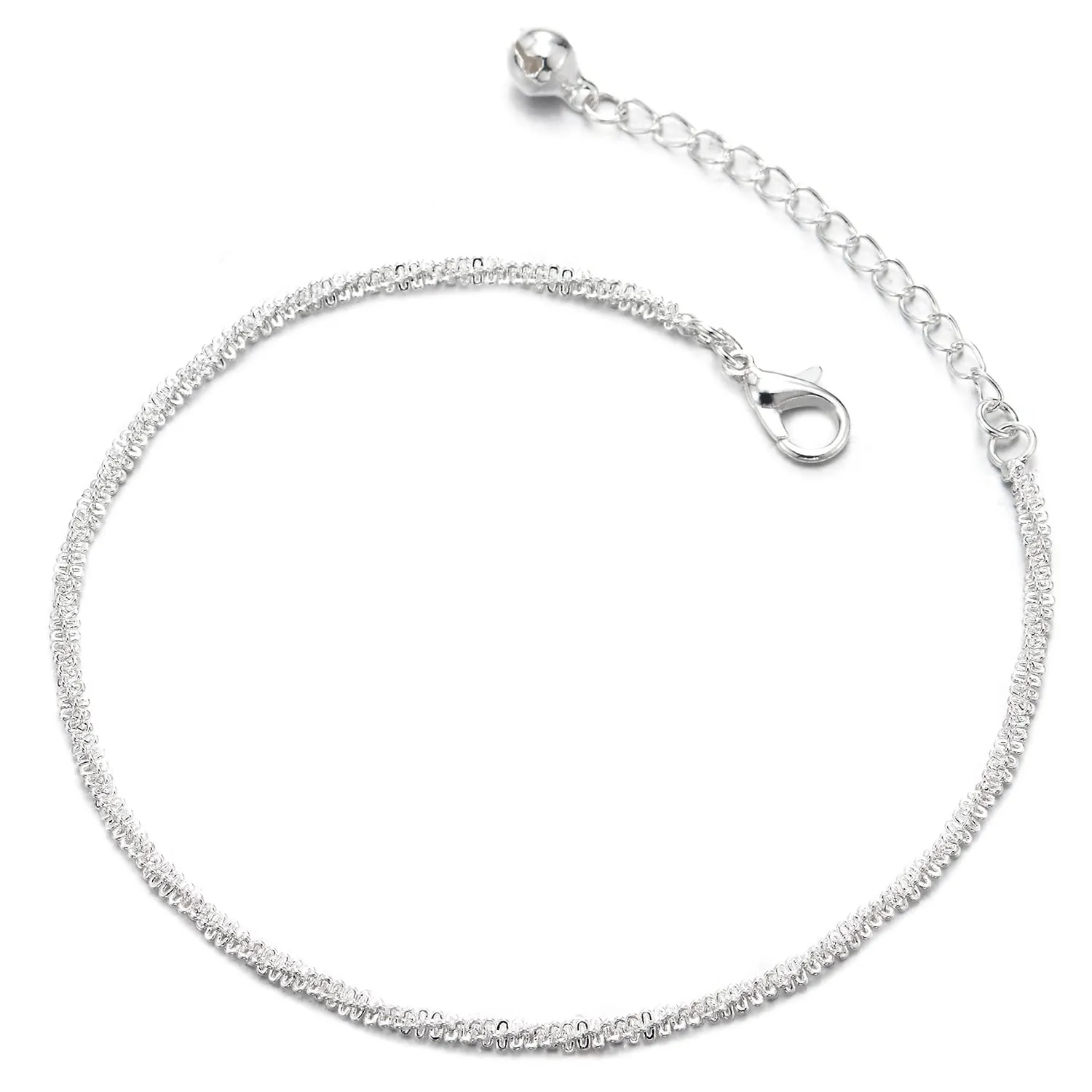 Thin Braided Textured Link Chain Anklet Bracelet with Jingle Bell, Adjustable