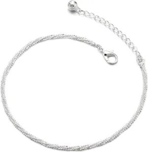 Thin Braided Textured Link Chain Anklet Bracelet with Jingle Bell, Adjustable