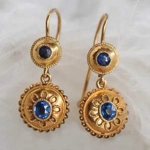 Vintage English 15k Gold Filligree Natural Sapphire Earrings