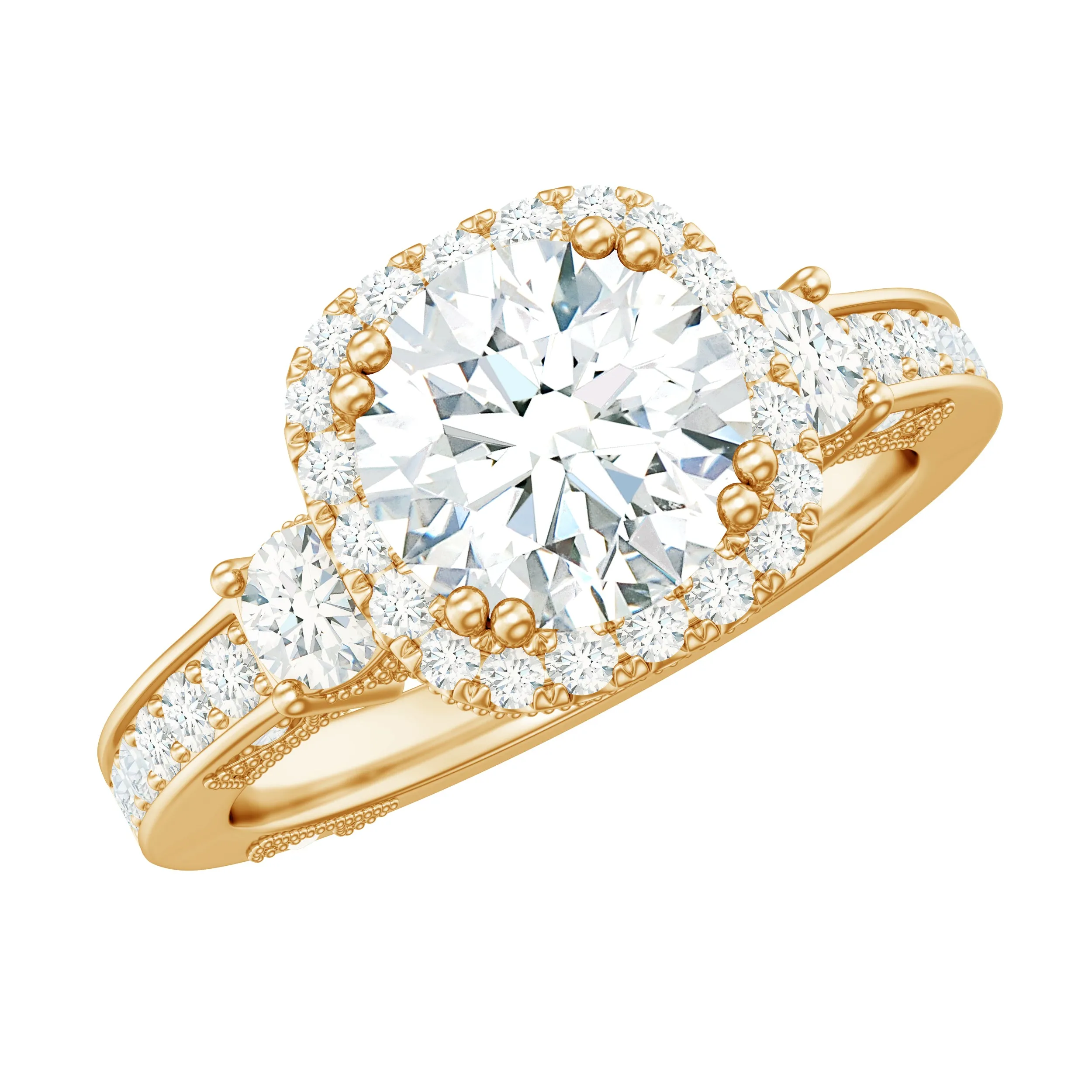 Vintage Inspired Zircon Engagement Ring with Beaded Gold
