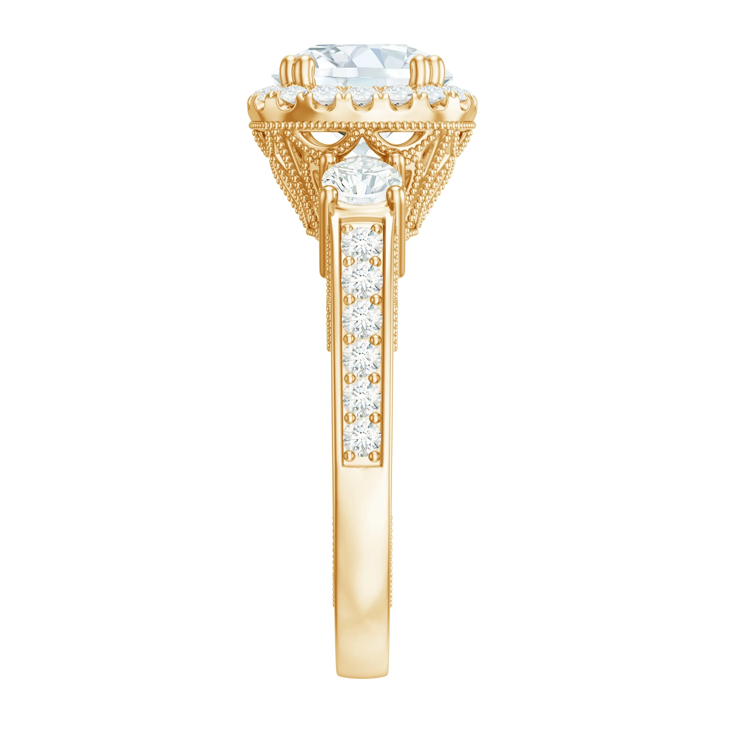 Vintage Inspired Zircon Engagement Ring with Beaded Gold