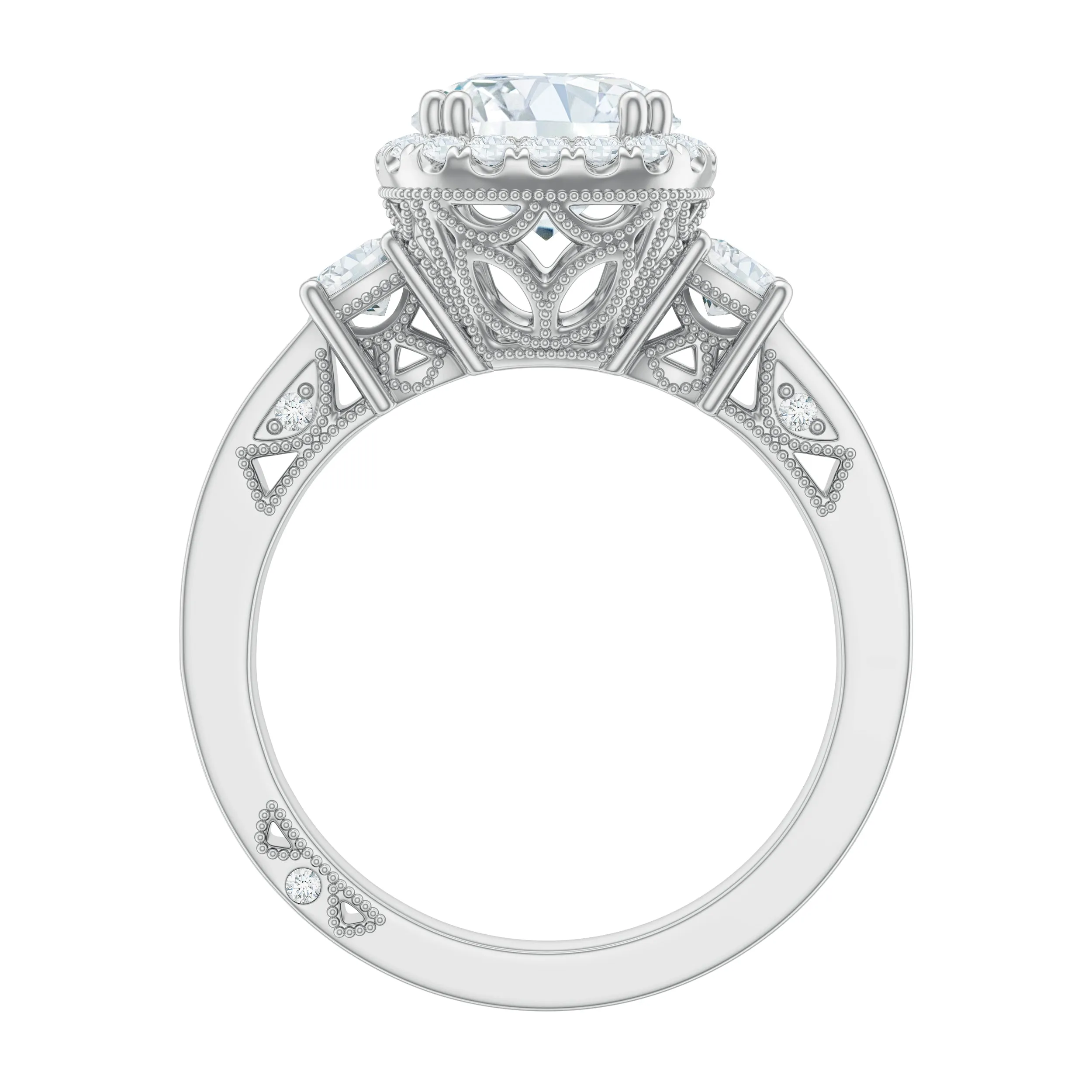 Vintage Inspired Zircon Engagement Ring with Beaded Gold
