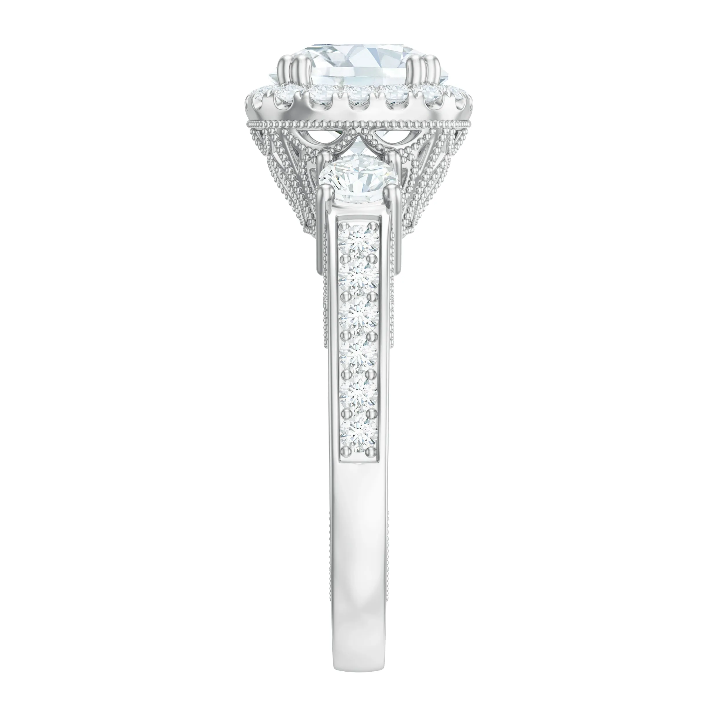 Vintage Inspired Zircon Engagement Ring with Beaded Gold