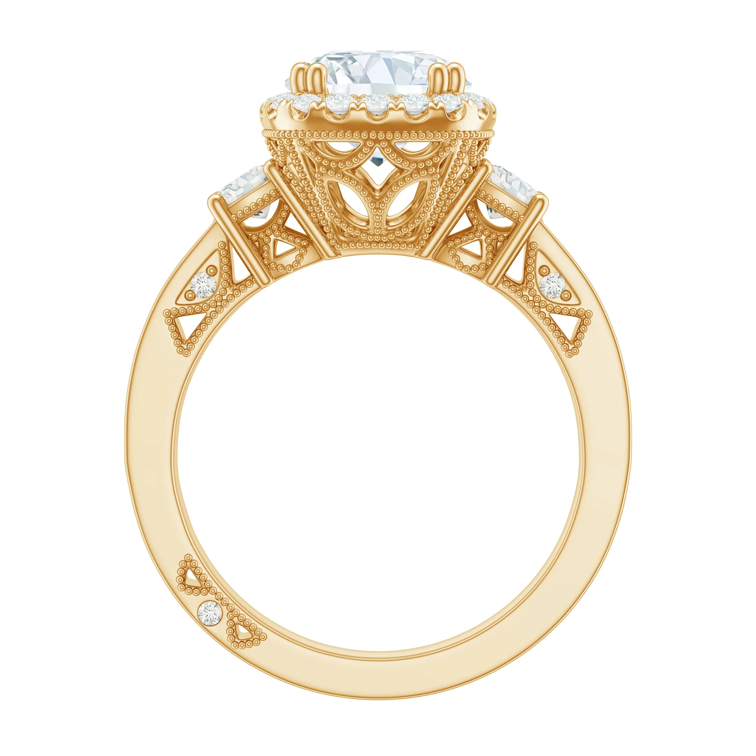Vintage Inspired Zircon Engagement Ring with Beaded Gold