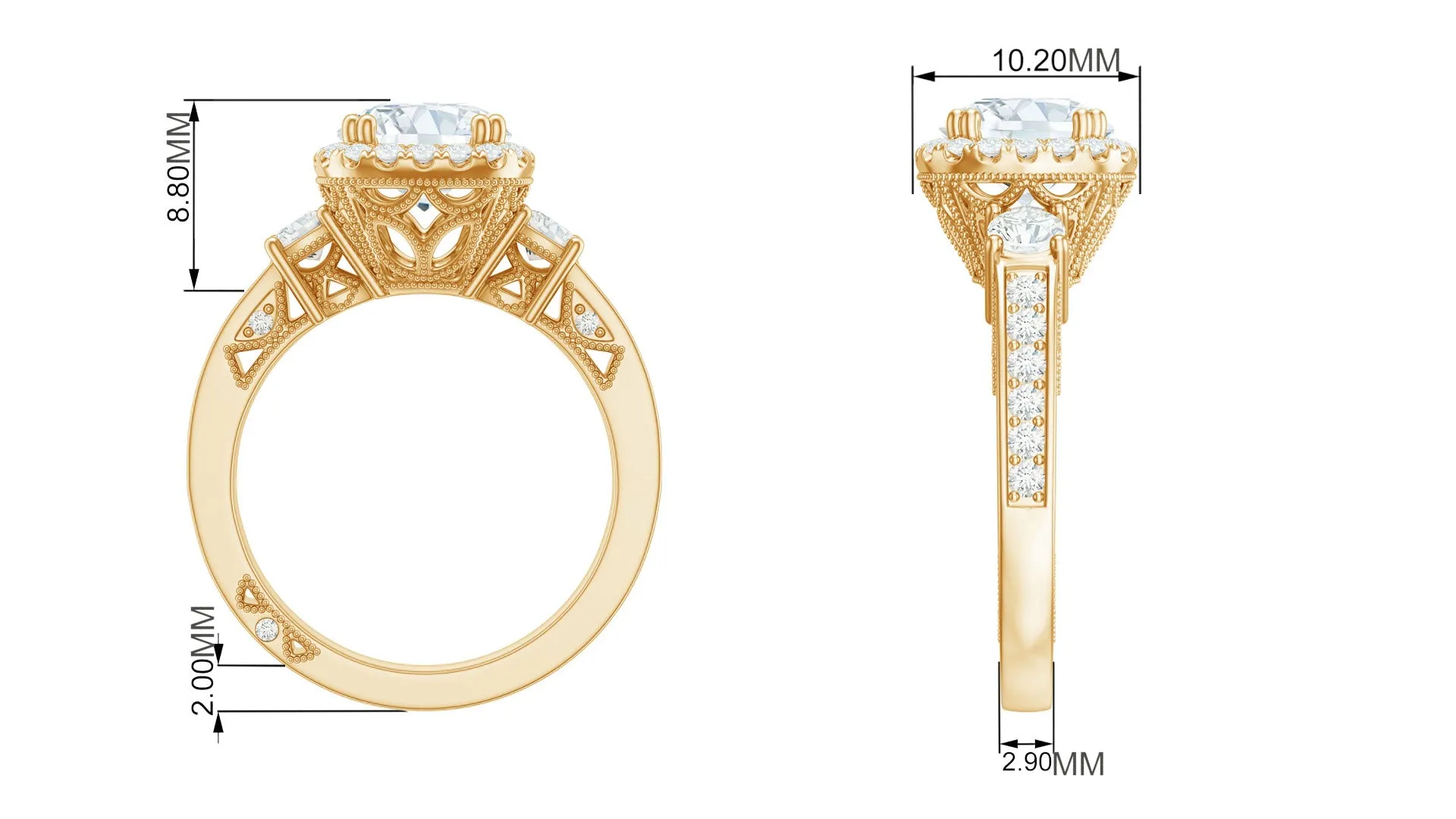 Vintage Inspired Zircon Engagement Ring with Beaded Gold