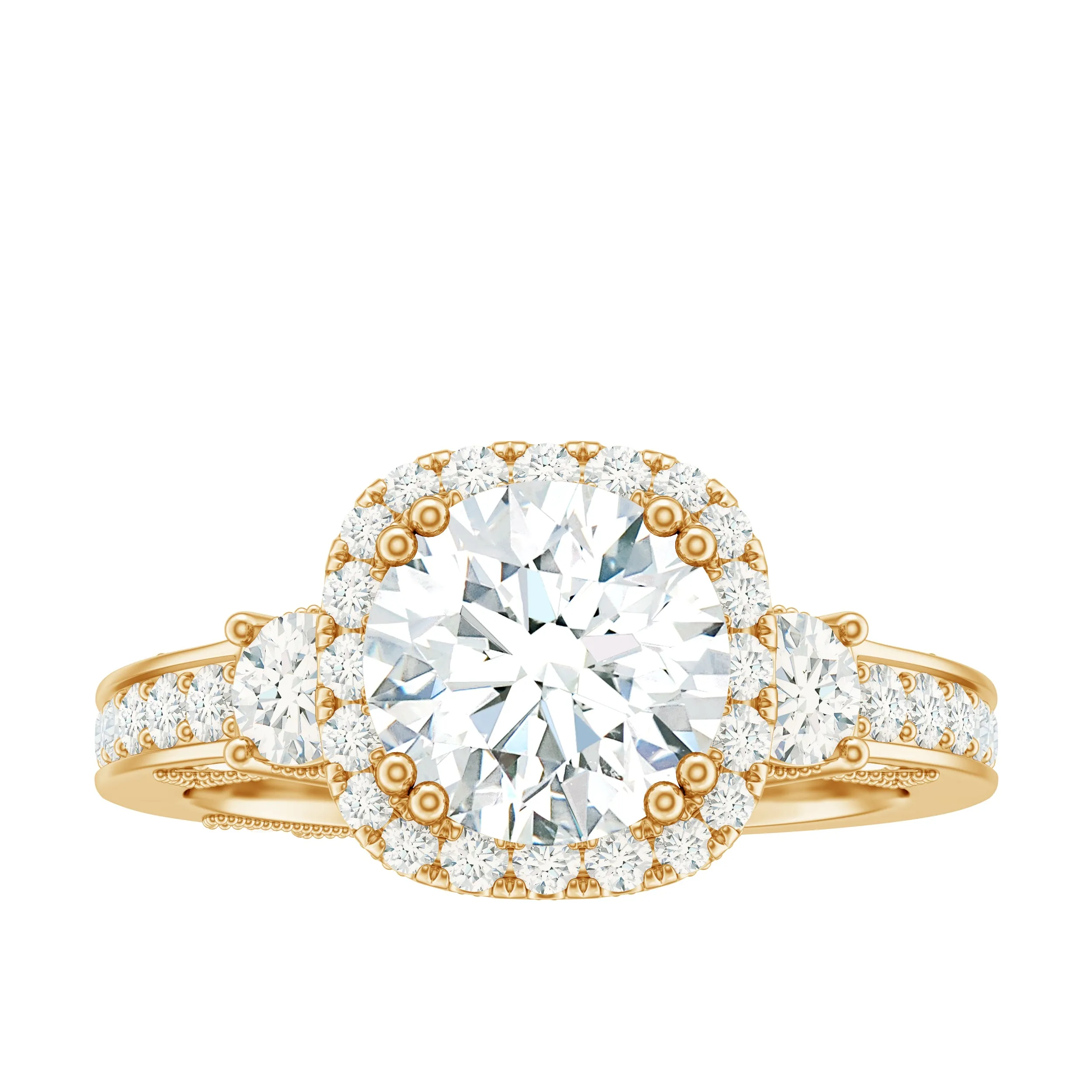Vintage Inspired Zircon Engagement Ring with Beaded Gold