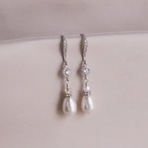 White Pear Pearl & Silver Dangle Earrings