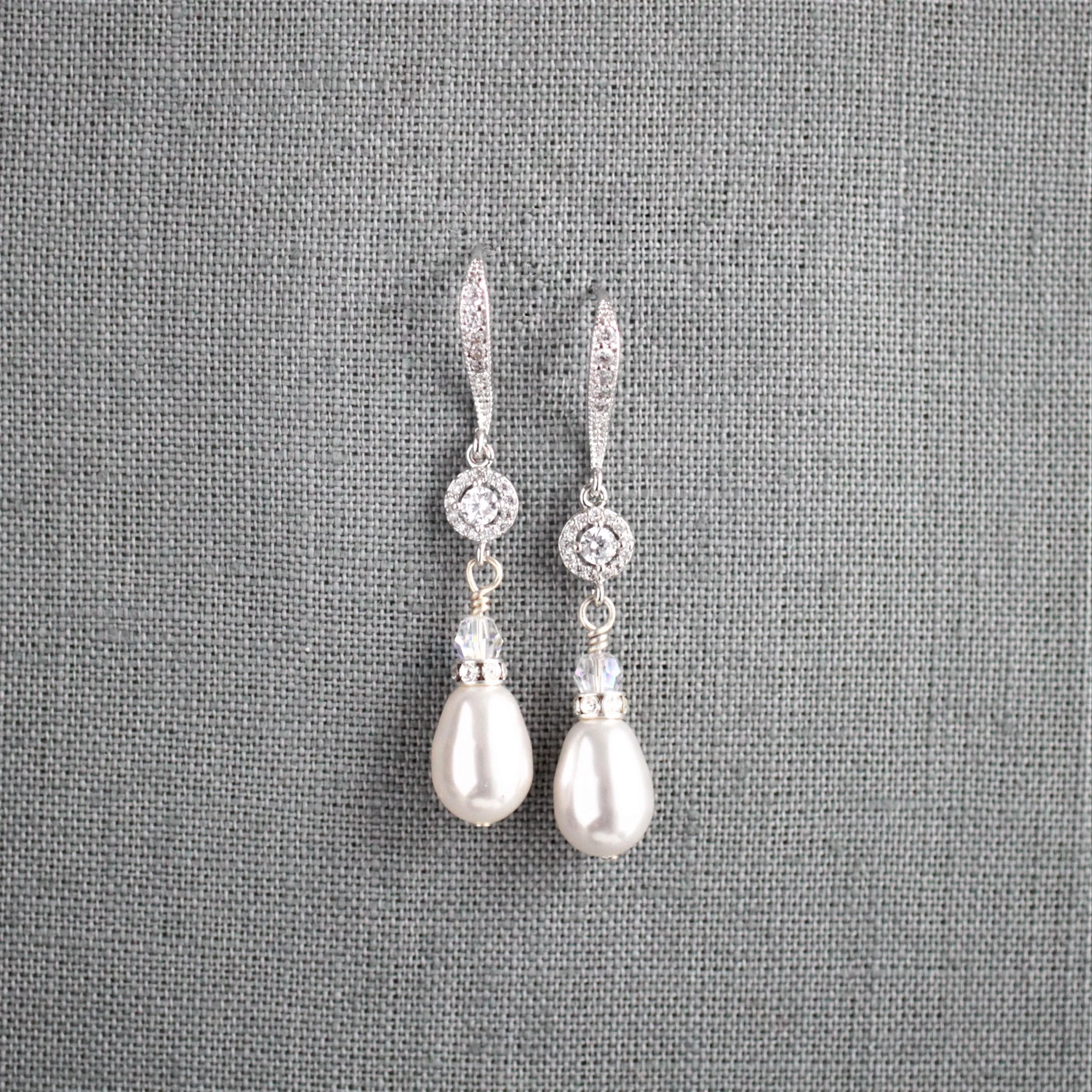 White Pear Pearl & Silver Dangle Earrings